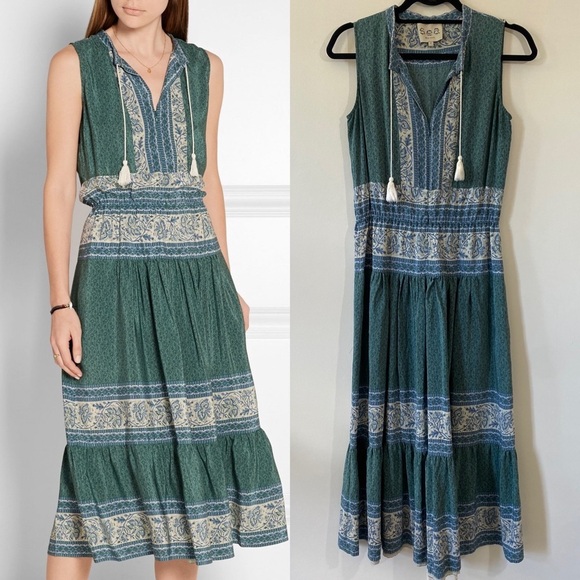 Sea NY Sabine Silk Crepe Printed Midi Dress Block Print Tassel Size 2 - Picture 1 of 6